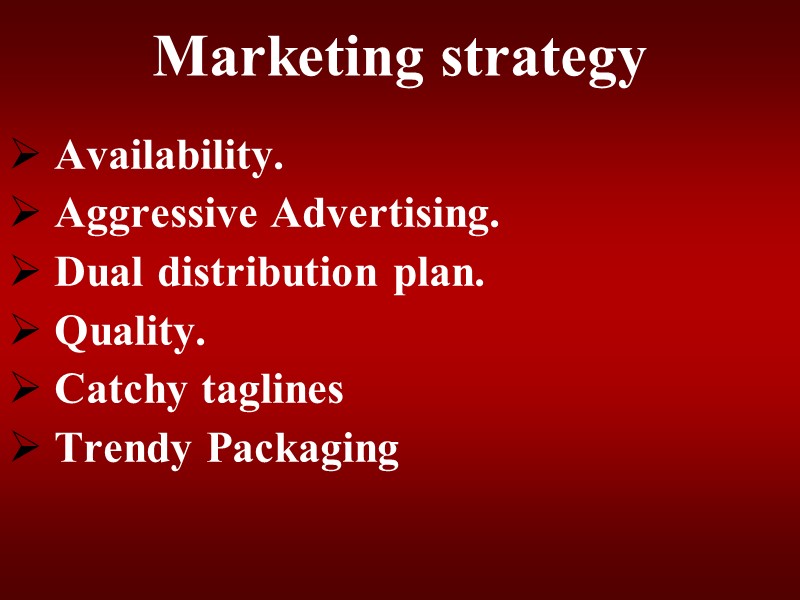 Marketing strategy  Availability.  Aggressive Advertising.  Dual distribution plan.   Quality.